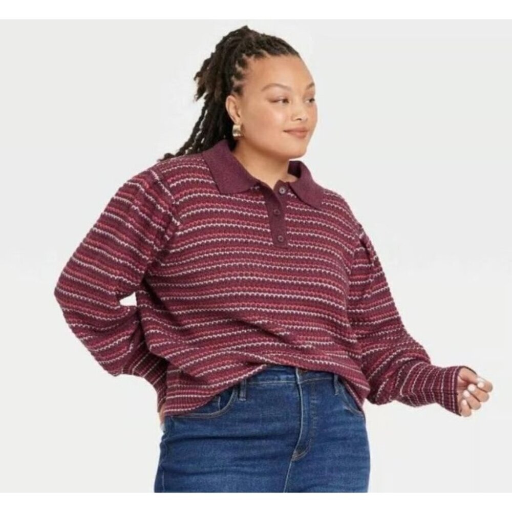 AVA & VIV Brown Pink Striped Knit Cropped Collared Pullover Sweater Size X/ 14W
